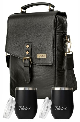 tilvini Leather Wine Bag & Wine Tumblers Set. Wine Gifts For Men Birthday. Leather Wine Carrier. Unique Insulated Cooler Bag Bottle Carrier. Wine Tote Bags For Travel Beach. Wine Lovers Picnic Idea