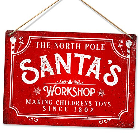 Santa's Workshop Nordpol – Rot – mittelgroßer Bindfaden | bedrucktes Metallschild