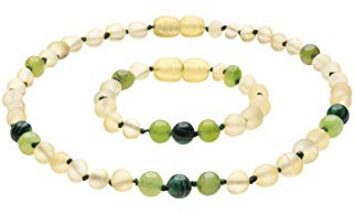 Genuine Amber Necklace and Bracelet from Baltic Sea Made with Unpolished Lemon Jade and Malachite 34 cm (13.4 & 5.9 Inches)