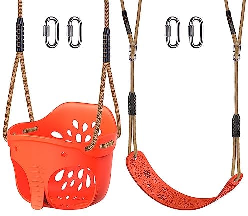 SELEWARE Juegos de columpios para niños, columpio completo de respaldo alto y asiento de columpio resistente, con cuerda ajustable y mosquetones, bonito diseño de elefante, capacidad de 600 libras