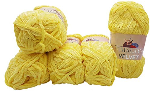 5 x 100 Gramm Himalaya Velvet Micro-Polyester Strickwolle, Babywolle samtig 500 Gramm Wolle (hell gelb 90002)