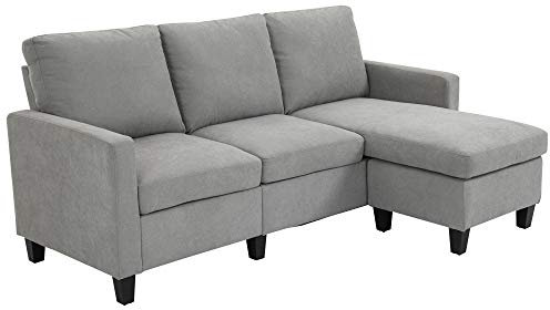 HOMCOM Canapé d'angle canapé 3 Places avec méridienne réversible Gauche ou Droite pour Salon, Bureau, Appartement, Tissu Polyester 197L x 139l x 91H cm Gris Clair