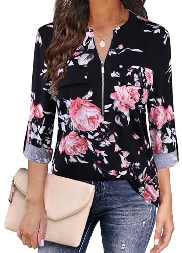 Siddhe Bluse Damen Elegant Festliche V-Ausschnitt Damen Blusen Reißverschluss Longbluse für Frauen Tunika Elegant T-Shirt Oberteile 3/4 Ärmel Casual Longshirt Rose Blumenmuster,Schwarz L