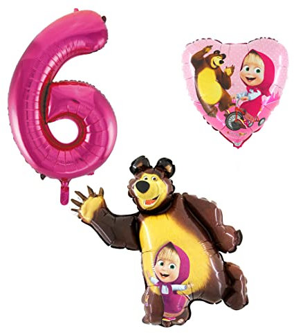 3er Set Mascha und der Bär Folienballons - Zahlenballon 6 pink - Happy Birthday Luftballons - Helium Luftgeeignet