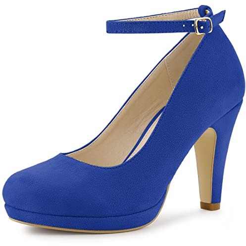 Allegra K Women's Round Toe Stiletto Heel Ankle Strap Court Shoe Dark Blue 5.5 UK/Label Size 8 US