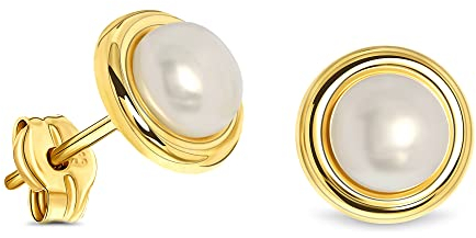 Miore Schmuck Damen Ohrstecker mit weiße runde Süßwasserperle 5.5 mm Ohrringe aus Gelbgold 14 Karat / 585 Gold