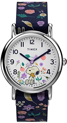 Timex Womens Watch Peanuts Weekender Casual Ladies Wristwatch - Featuring Snoopy and Woodstock in a Floral Motif, Silver-Tone Case with Blue Fabric Strap (31mm)