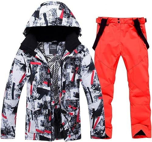 HOTIAN Herren Schneeanzug, Herren Ski Jacke und Hosen Set,Winter Warme Schnee Skifahren Sätze,für Wandern Klettern Isoliertes Snowboarden redwhite+orange L