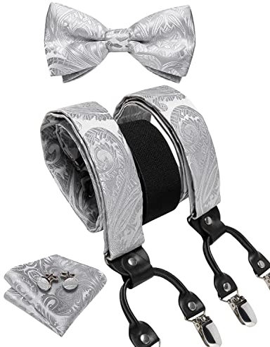 DiBanGu Paisley Fliege und Hosenträger für Herren Heavy Duty Clip Hosenträger Verstellbare Elastische Y-Back Herren Hosenträger, Silber / Grau, Einheitsgröße
