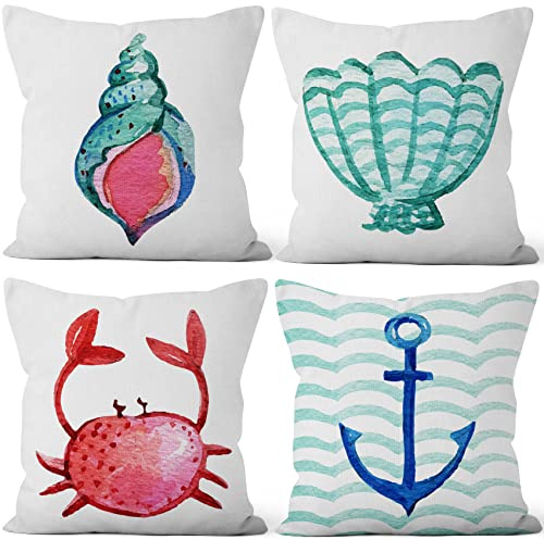Aoihrraan 41x41cm 4er Set Dekorativ Weiß Ozean Thema Kissenbezug Anker Krabbe Muschel Muscheln Zierkissenbezug Quadratische Couchkissen Dekokissen Schlafzimmer Wohnzimmer Innen Draussen Sofa Couch