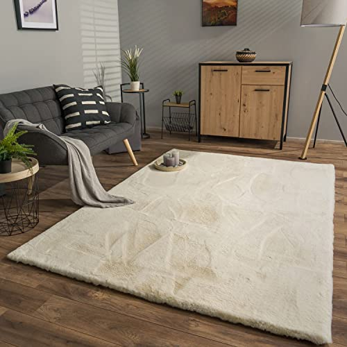 TT Home Wohnzimmer Hochflor Teppich Langflor Soft Kaninchenfell Fell Imitat Weich, Farbe: Creme, Größe:60x100 cm