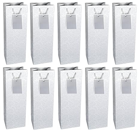 Ideen mit Herz Lot de 10 sacs cadeaux pour bouteilles - 36 x 12 x 10 cm - Idéal pour offrir du vin, du champagne et du champagne (argent, ornements métalliques)