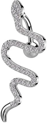 Tata Gisèle Piercing Nombril - Banane Inversée avec Pendentif Serpent en Acier et Nombreux Zircons - 35,3 mm - (Argenté/Clair)