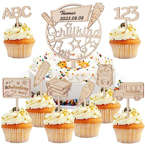 HOWAF 9 Schulanfang Tortendeko Einschulung Deko Cake Topper Einschulung Holz Cake Topper Schulkind Schulanfang Cupcake Topper Einschulung Schuleinführung ABC 123 Schultüte Kuchendeko Schulanfang Deko