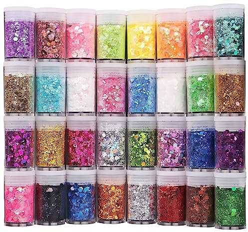 Nuangoo 32 Stück Bastel Glitzer Set,Farben Glitzerpulver Set zum Basteln für Dekoration, Nagelkunst,Karten,Papier,Party,DIY(7.6g)
