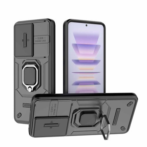 WBWONE Coque pour Xiaomi Poco F5 Pro, Housse Antichoc TPU/PC Étui ave Anneau Rotation Support et Couvercle de Caméra Coulissant, Noir
