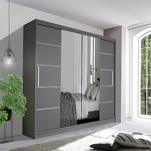 German Sliding Wardrobe Spacious Bedroom Sliding Wardrobe - Sleek and Functional Design comes in White/Grey/Black/Oak and Width 150cm/180cm/203cm/250cm (Grey, 203cm)