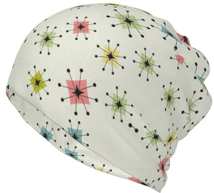 Wintermütze, Schal für Herren und Damen, warm, gestrickt, dickes Fleece, gefüttert, Mütze, Halswärmer, Friseurbedarf, Musterdruck, Atomic Stars Retro-Muster, Einheitsgr��e