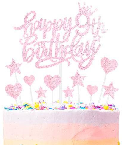 mciskin Happy 9th Birthday Cake Toppers - Pink & Glitter Heart Stars for Girls' 9th Birthday Cake Decorations