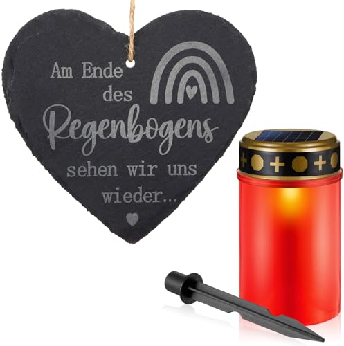 Weewooday Set de Décoration de Tombe Lanterne de Tombe Solaire LED avec Piquet de Terre Cœur en Ardoise Résistant aux Intempéries avec Gravure Bougie de Cimetière LED avec Scintillant (Rouge)