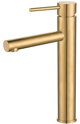 VALAZ Rubinetto Bagno Lavabo Alto Oro Spazzolato Protezione PVD | Apertura a Freddo, Miscelatore Lavabo Bagno Acqua Fredda e Calda | Installazione Facile | Ottone, Inossidabile, Serie Nansa