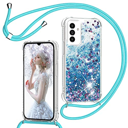 TUUTPU Handyband für Samsung Galaxy A55 5G Hülle mit Band, Glitzer Treibsand Handyhülle mit Kordel zum Umhängen Transparent Stoßfest Schutzhülle mit Kette Schnur, Quicksand Necklace Case in Blau