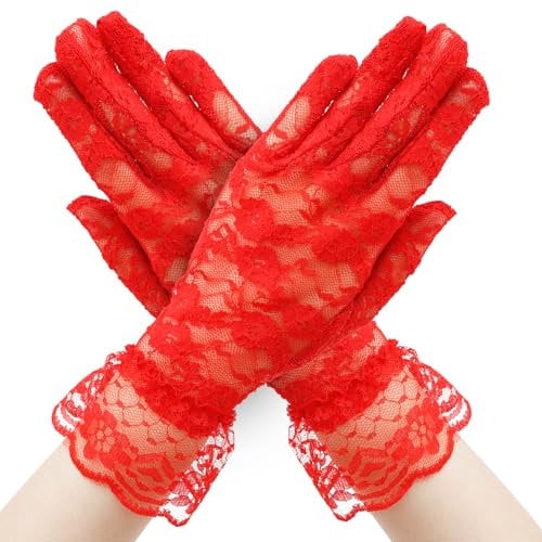 SycloPak Rote Spitzenhandschuhe für Frauen, Halloween Handschuhe, Gothic Accessoires, Sommer Atmungsaktive Sonnenhandschuhe, Paar kurze florale Spitzen Steampunk Handschuhe