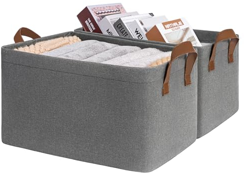 TIMEYARD Storage Boxes Grey Storage Basket, Closet Organizers and Storage, Fabric Storage Box for Clothes, Towels, Shoes, Shelf baskets for Bedroom Organizing, 37½ x 26 x 21 cm, 2-Pack