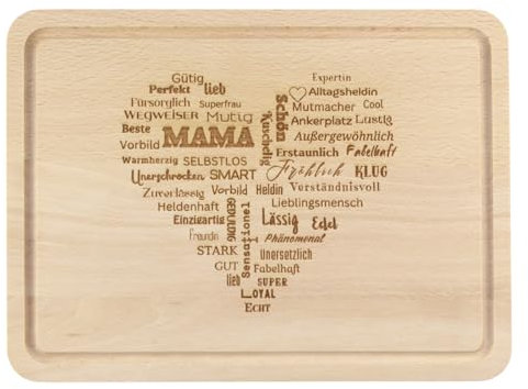 Herz für Mama Geschenk - Premium Schneidebrett, 30x20 cm groß mit Saftrille, Liebe Worte in Herzform auf Holz graviert, Herzensgeschenk für Mutti zum Muttertag, Geburtstag