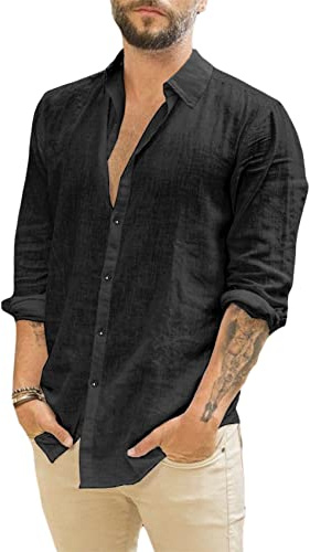 Runcati Camisa de Lino de Manga Larga para Hombre, Cuello Vuelto, Camisa de Negocios, Tiempo Libre, Verano, Negro, XL