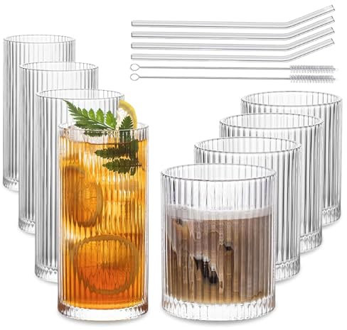 INSETLAN Geriffelte Trinkgläser 8er Set - 4 Highball Gläser 370ml & 4 Rocks Gläser 410ml | Vintage Gläser, Ideal für Wein, Saft, Wasser, Eiskaffee, Whiskey, Cocktails (370&410ml)