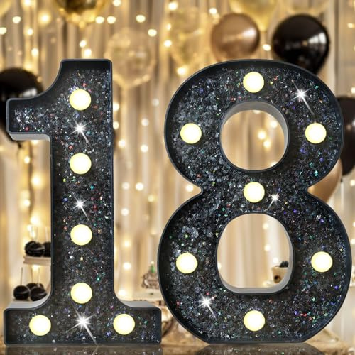 Glitzernde LED Zahlen Lampe Nummer Beleuchtete Ziffern für 18. Geburtstagsparty Jubiläum Hochzeit Hintergrund, Zahlen Lichter Batteriebetrieben Zuhause Bar Wand Tisch Dekor– Schwarze Zahl 18