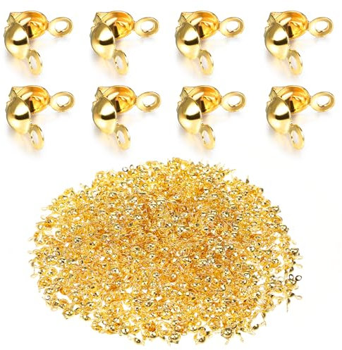 600stück Edelstahl Quetschperlen Verschluss, Perlenkappen Ketten Verschlüsse Silber 304 Edelstahl Schmuck Verschlüsse Clamshell Knot für Knoten und Schmuckherstellung Zubehör(0.31×0.15in) (Gold)