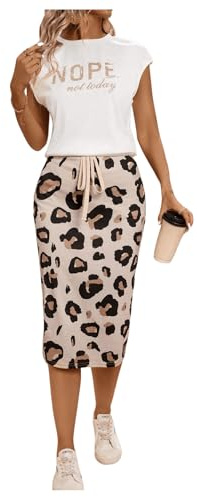 SweatyRocks Damen Zweiteiler Top und Rock 2 Teiler Set Tshirt mit Buchstaben Bodycon Midirock mit Knoten Freizeitanzug Mokka Braun XL