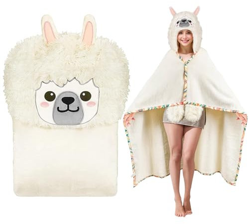 LOMUG Flauschig Kuscheldecke Plüsch Flanell Fleecedecke Warme Decke Wohndecke,Tragbare Decke Geschenk für Frauen,Decke mit Kapuze und Handschuhen,Sofadecke Weiß Alpaka Tiermuster Decke,150x120cm