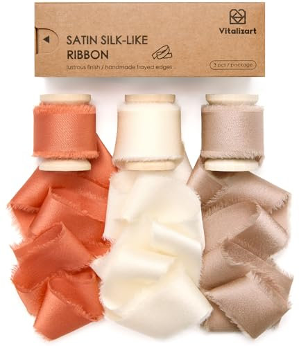Vitalizart Satin Geschenkband Creme & Champagner & Terrakotta 2,5 cm x 13,7 m Hölzerne Spule, Handgefertigtes Ausgefranstes Seidenband für Geschenk Verpacken Hochzeit Brautsträuße Urlaub Dekor