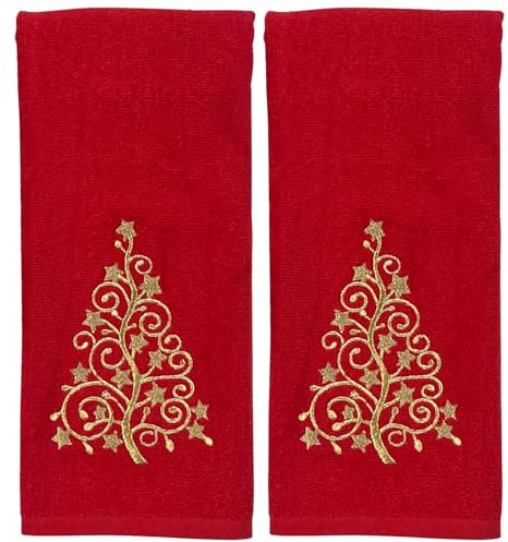Holiday Christmas Bath Hand Towels, Embroidered Gold Xmas Tree on Red, 2 Piece Set, 16 x 25 inches, 100% Cotton