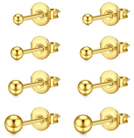 4 Paar Ohrstecker Set 3-6mm Kugel Ohrstecker Gold,20G Chirurgenstahl Medizinische Ohrstecker Knorpel Ohrstecker für Damen und Herren Mehrfache Piercings Schmuck