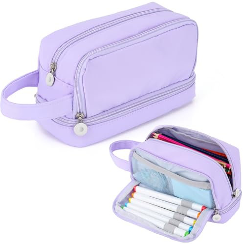Alyvisun Astuccio Scuola, Astuccio di Grande Capacità con 3 Scomparti per Bambina Ragazzo, Astuccio Portapenne Organizer Resistente Pencil Case con Maniglia per Scuola e Ufficio (Viola)