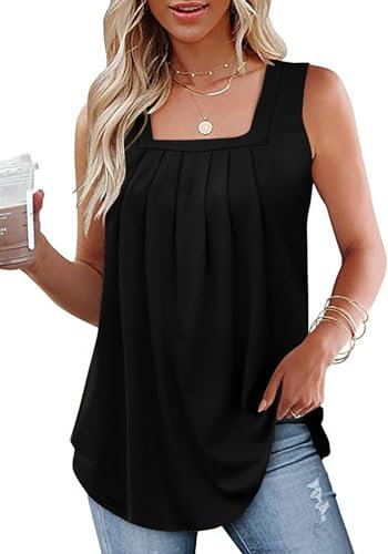 TrendiMax Tank Top Damen Lang Quadratischer Hals Falten Tops Ärmellose Oberteile Sommer Longshirt Tunika, Schwarz, M