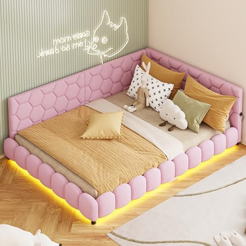 Canapé-lit rembourré, 140 x 200 cm, avec cercle de LED au pied du lit, avec charge USB, lit double, lit de jour, multifonctionnel, avec sommier à lattes, laine d'agneau, sans matelas (rose)