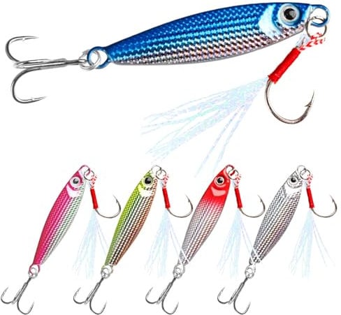 5 PCS Sea Fishing Lures 20g Metal Jigs Spoons UK for Trout Mackerel Bass Cod Pike Spinners Fishing Bait Tackle Set with Treble Hooks Casting Spinners Metal Saltwater Jigs (5 Colors, 10cm)