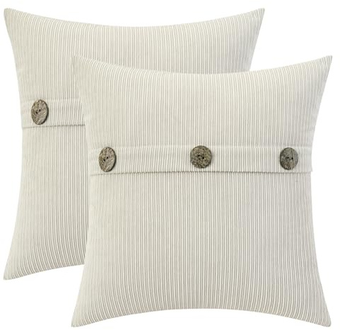 HWY 50 Streifen Chenille Kissenbezüge 50 x 50 cm beige 2er Set, hochwertiger weicher Sofakissenbezug mit Reißverschluss und DREI Knöpfen für Sofa Couch Wohnzimmer Bett