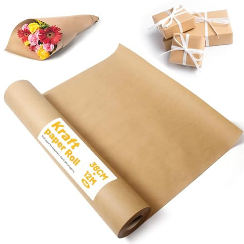 Braun Kraftpapier 38cmx12m 80g/m² Geschenkpapier Kraftpapierrolle 80g/m² für Verpackung, Kunsthandwerk, Packpapier, Geschenkpapier rolle, Verpackungsrolle für Post, Pakete