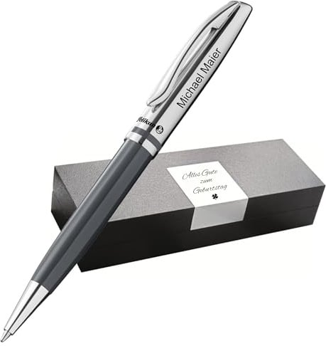 Pelikan Jazz Kugelschreiber personalisiert – Hochwertiger Stift mit Gravur | Geschenkidee mit Namen für Geburtstag, Büro & Jubiläum (Warmgrau)