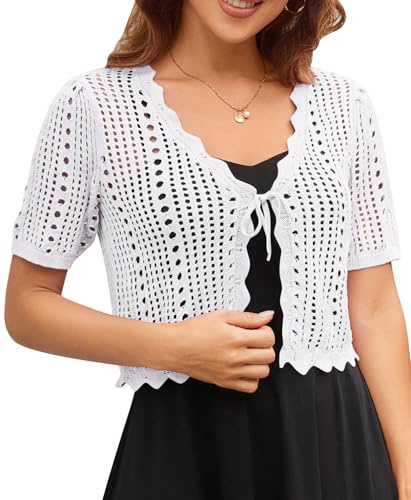Kate Kasin Women's Short Sleeve V Neck Cardigans Solid Cropped Knitted Sweater Bolero Short Cardigan Bright White L