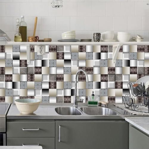 Piastrelle Adesive Cucina Mosaico Argento Beige Piastrelle Adesive Bagno PVC Impermeabile per Mobili Pannelli Adesivi per Pareti Decorazione Autoadesivo Mattonelle 20x20cm/10 pezzi