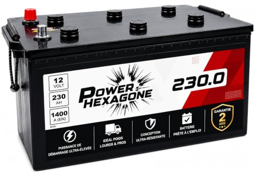 Batterie 12V 230Ah C - Démarrage 1400A - Batterie Poids Lourd Sans Entretien - Format C Compatible Camion, Engin, Tracteur, Chantier - Remplacement Origine - Power Hexagone