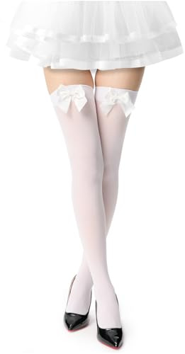 UXQEJO Women's Satin Bows Thigh High Stockings Hold-ups Snag-Resistant Knee High Long Socks