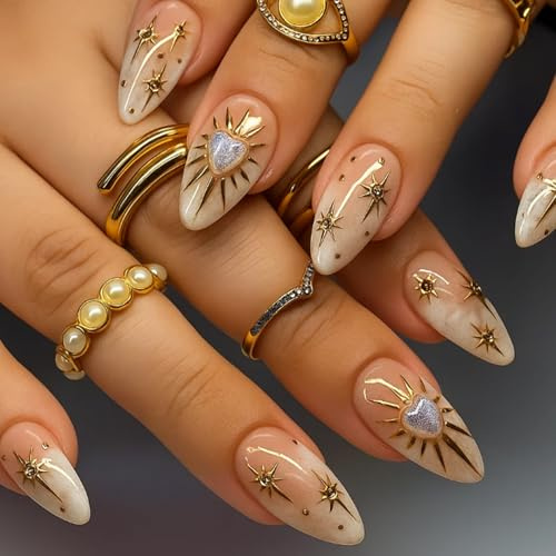 Nude Beige Almond Shape Press On Nails - with Gold Line Star Accent and Marble French Tip - 24 PCS Stick On Long Nail Mystic Star Press Glamorous Celestial Art